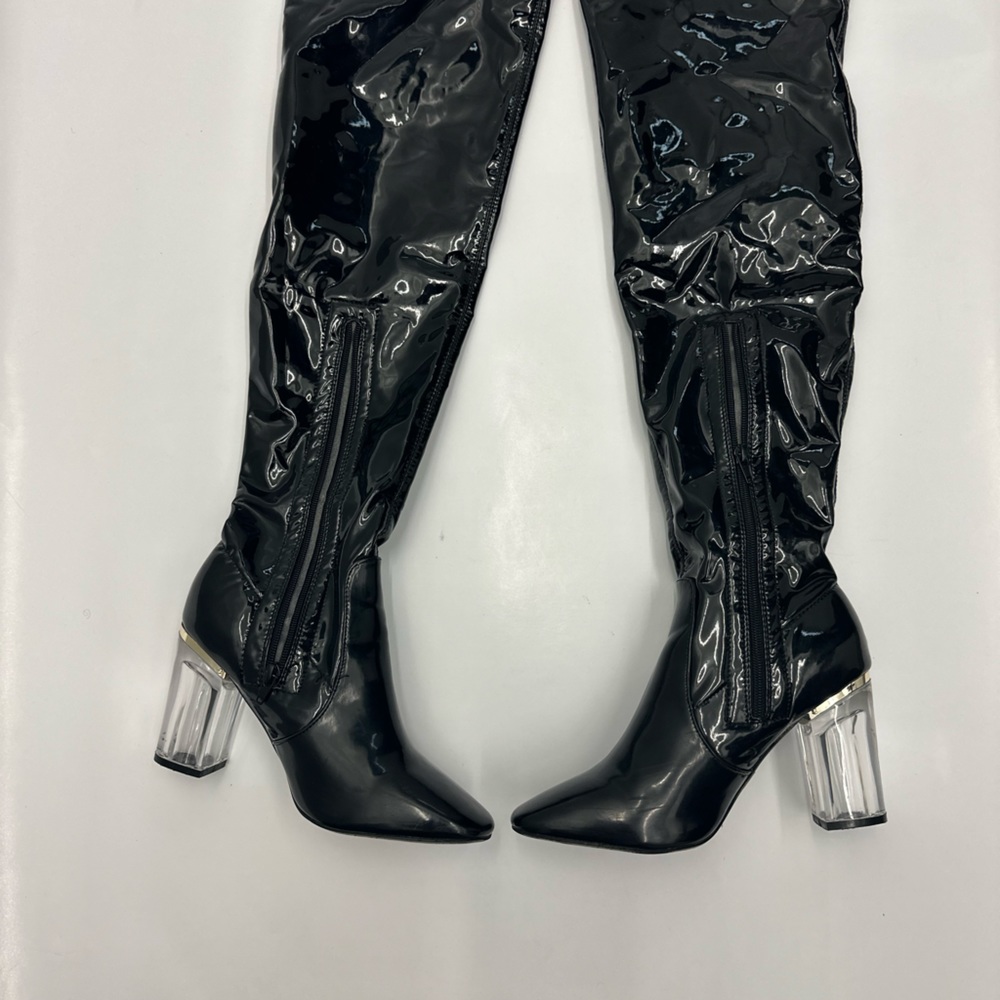 KNEE HIGH PATENT LEATHER BOOTS WITH CRYSTAL HEEL (size 8.5) nearly brand new!!